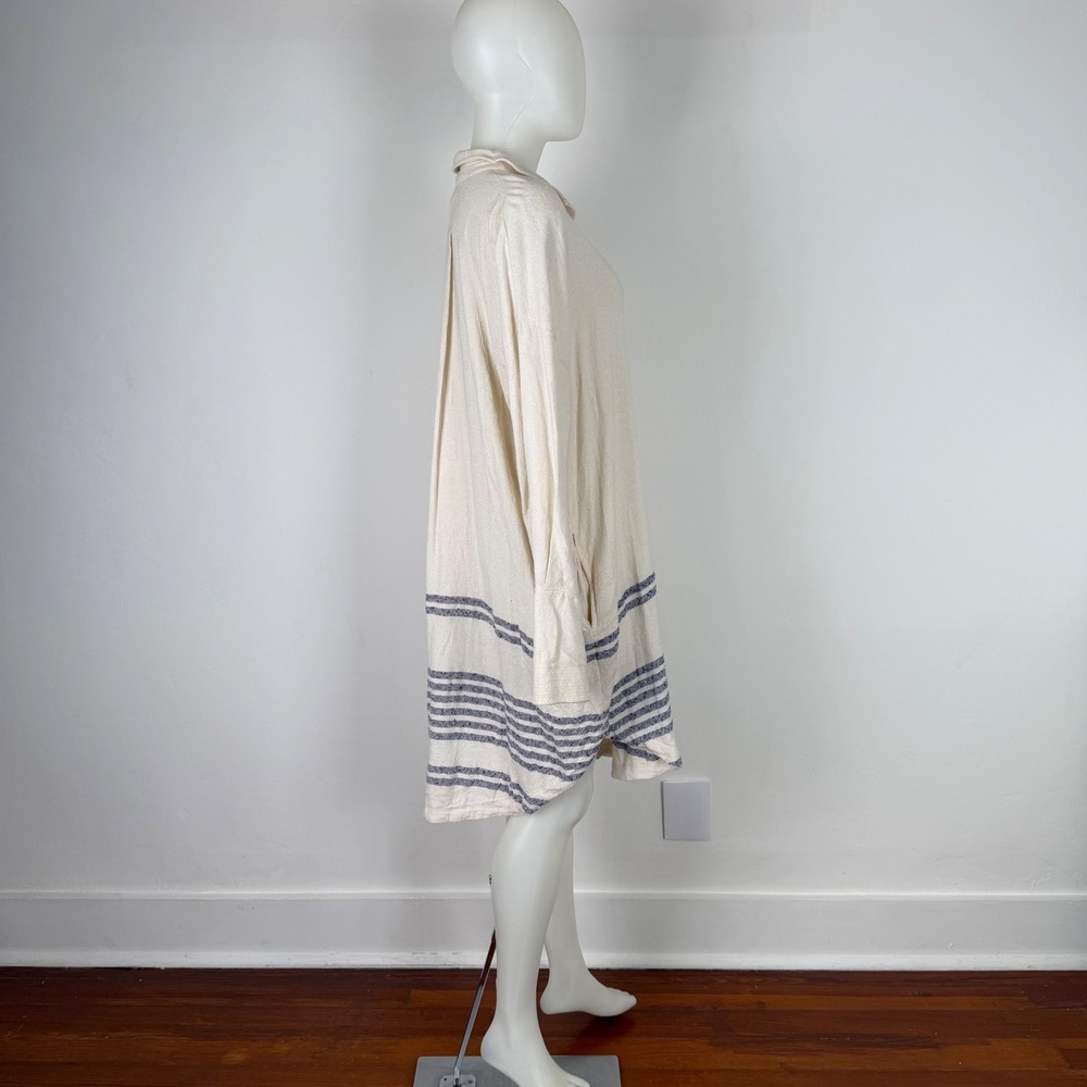 Free People Women Cream Blue Striped Henley Tunic Dress Pockets Large L - Picture 6 of 16